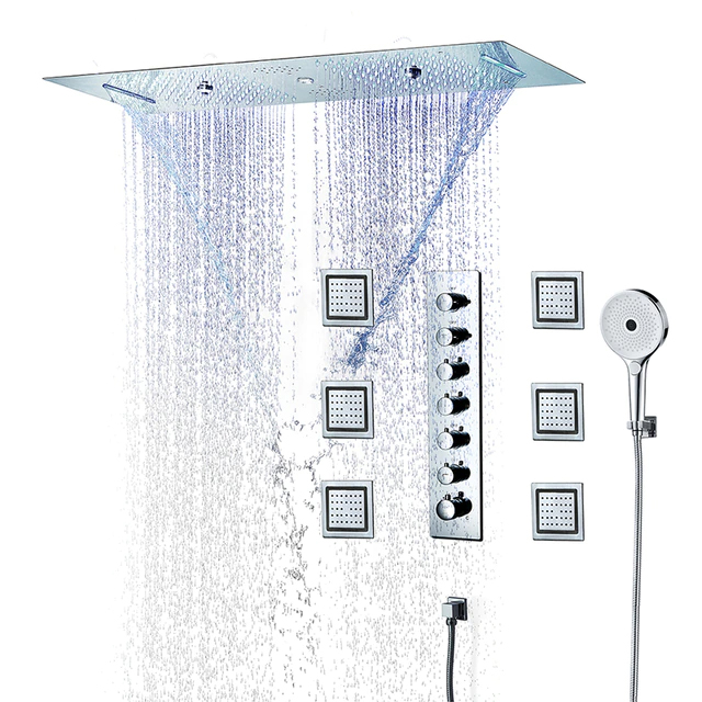 Fontana Dijon Thermostatic Remote Controlled LED Recessed Ceiling Mount Large Rainfall, Waterfall Musical Shower System with Round Hand Shower and Jetted Body Sprays